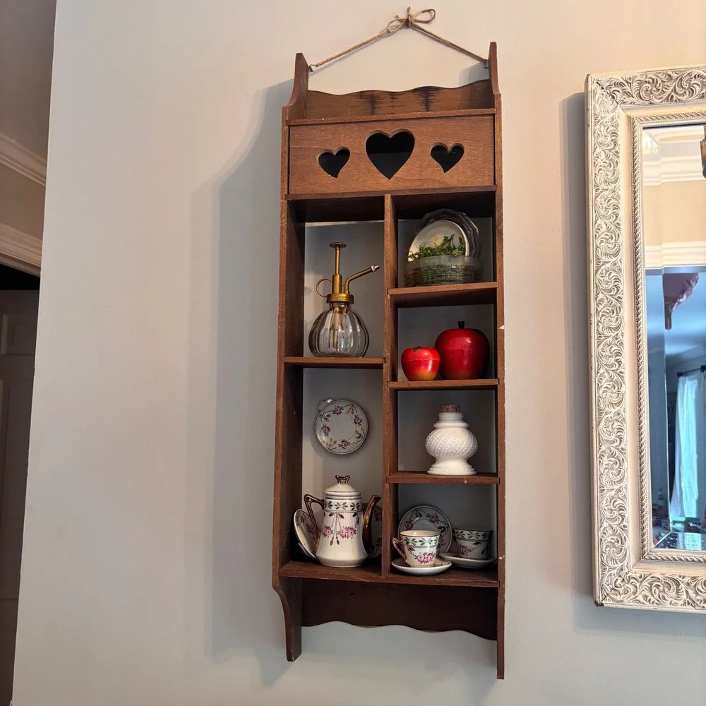 Vintage Wood Heart shelf Cutout Box Wall Shelf Brown Rustic Display 90's case